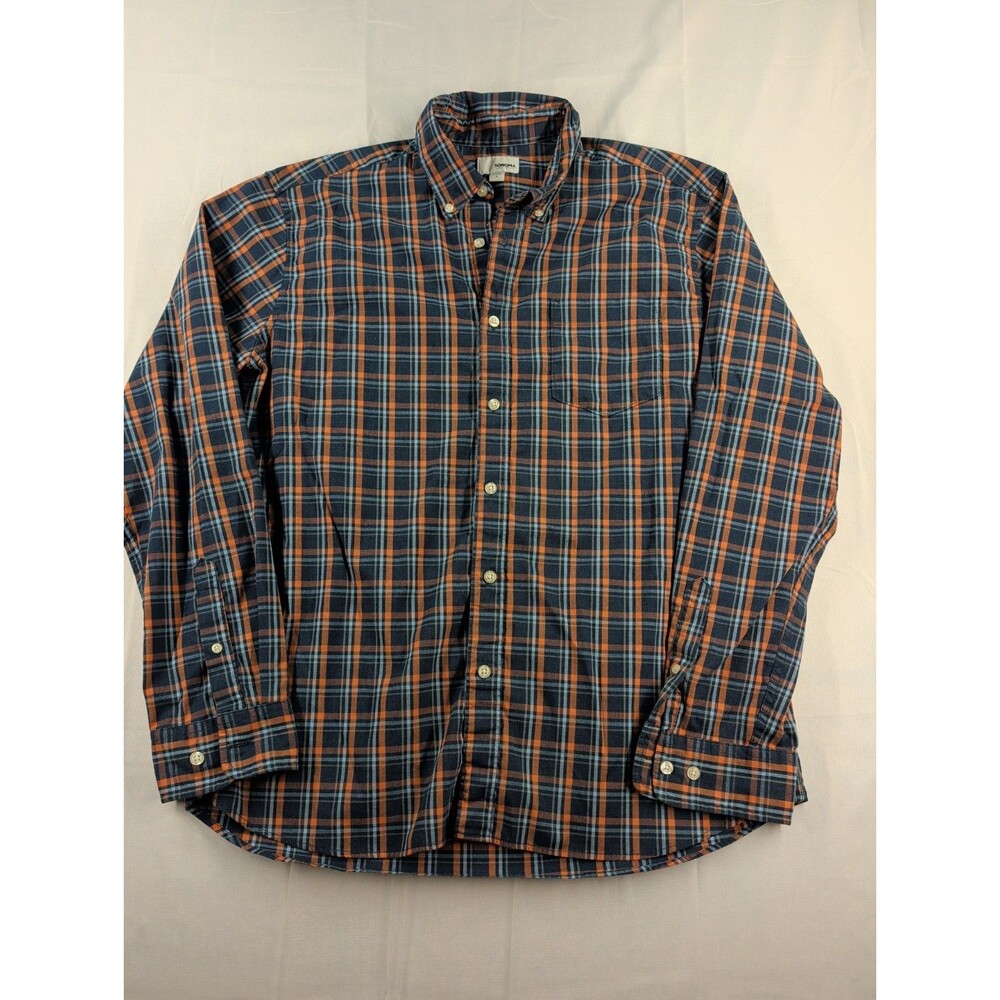 Sonoma Men's Large Blue Orange Plaid Long Sleeve Button-Down Shirt